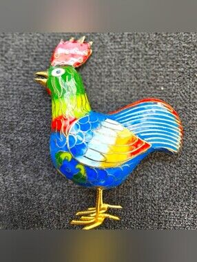 ENAMEL PAINTED METAL STANDING ROOSTER - Vintage Cloisonne` Style